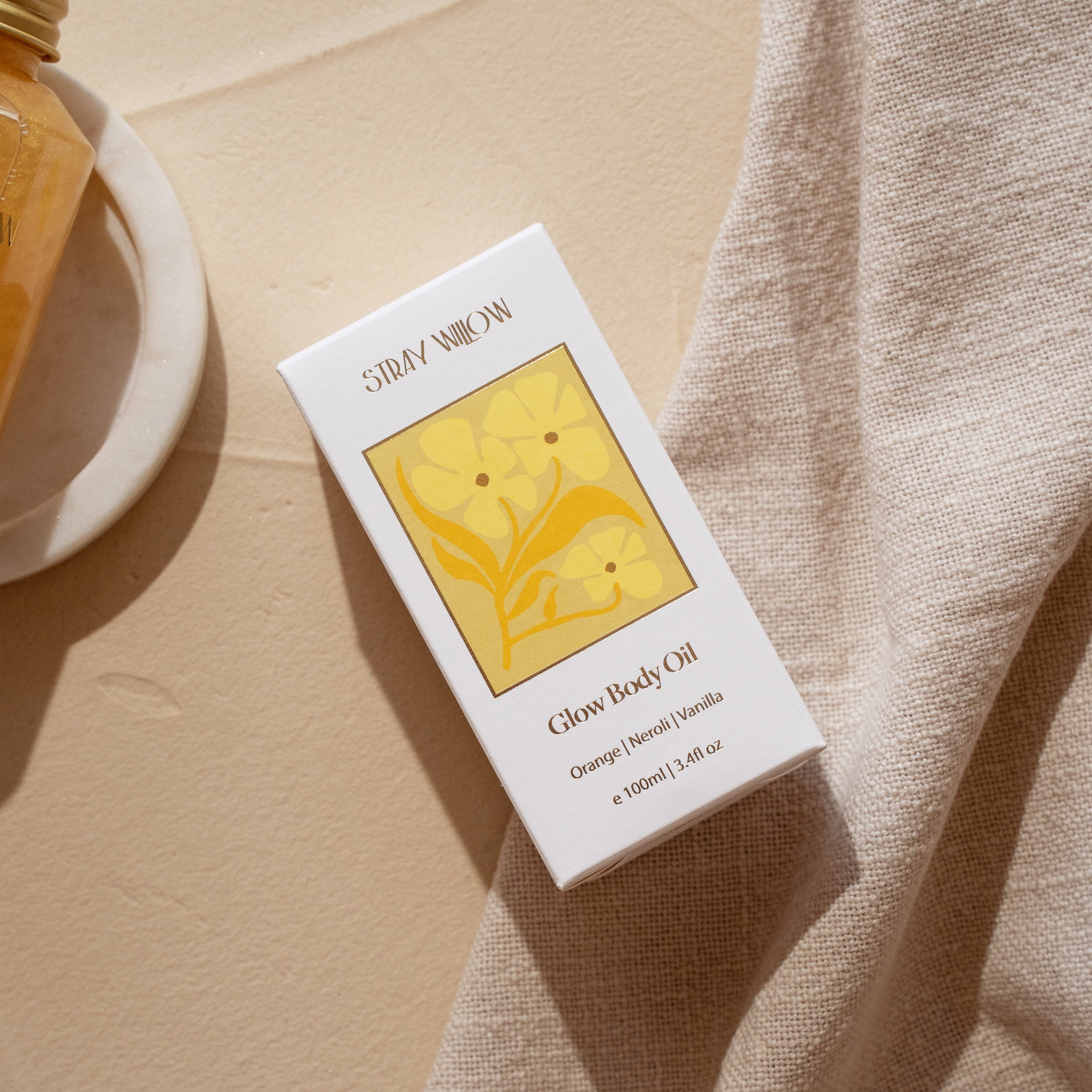 Stray Willow Glow shimmer body oil with orange, neroli and vanilla for radiant luminous skin Natural Skincare 100ml