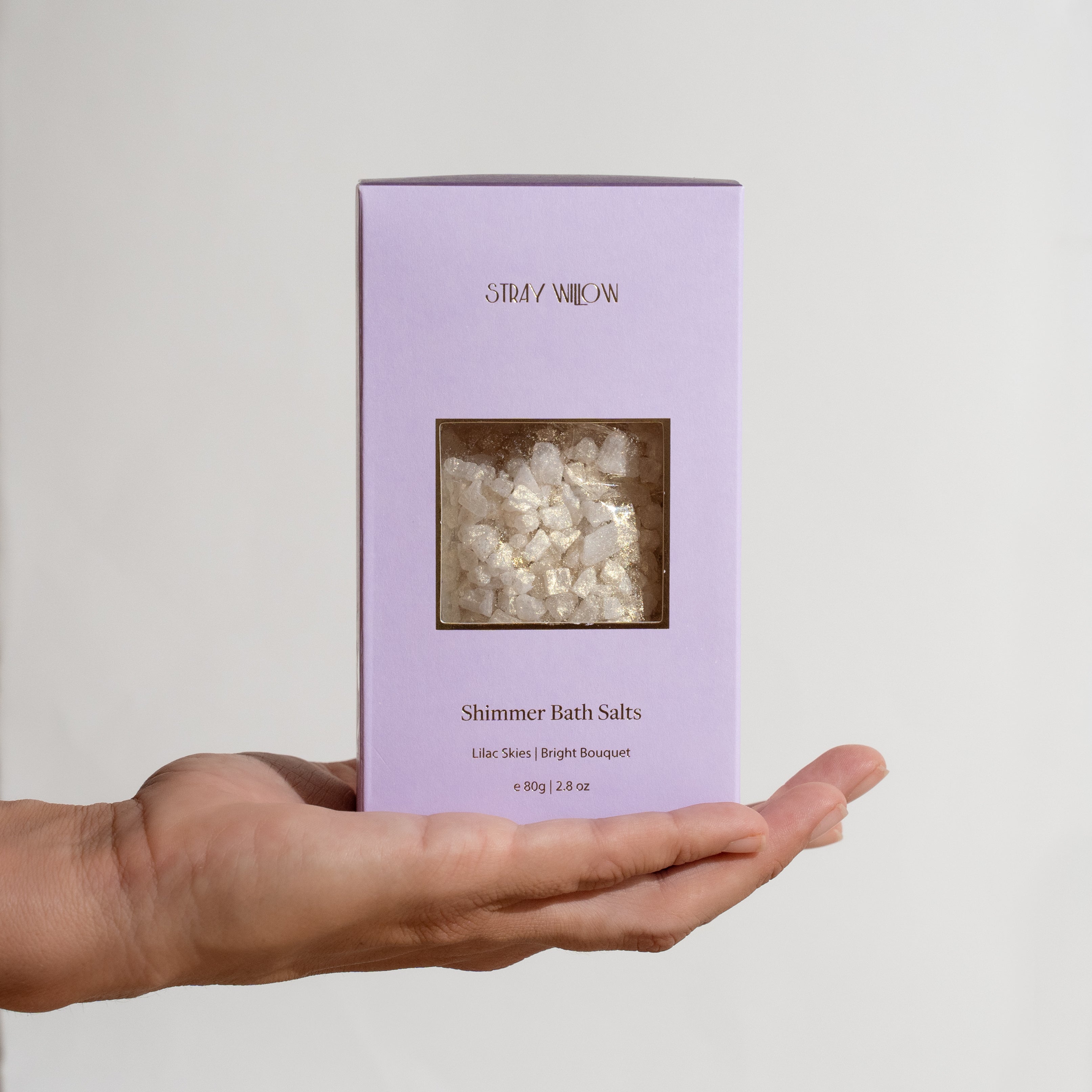 Stray Willow Lilac Skies shimmer bath salts with bright bouquet scent for calming bath ritual