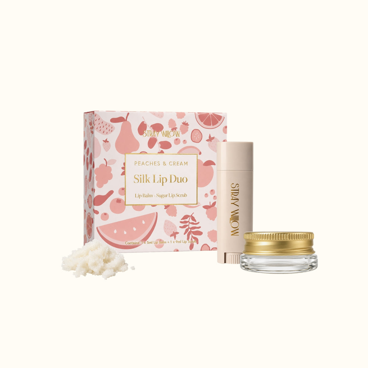 Peaches & Cream natural lip balm and sugar lip scrub duo