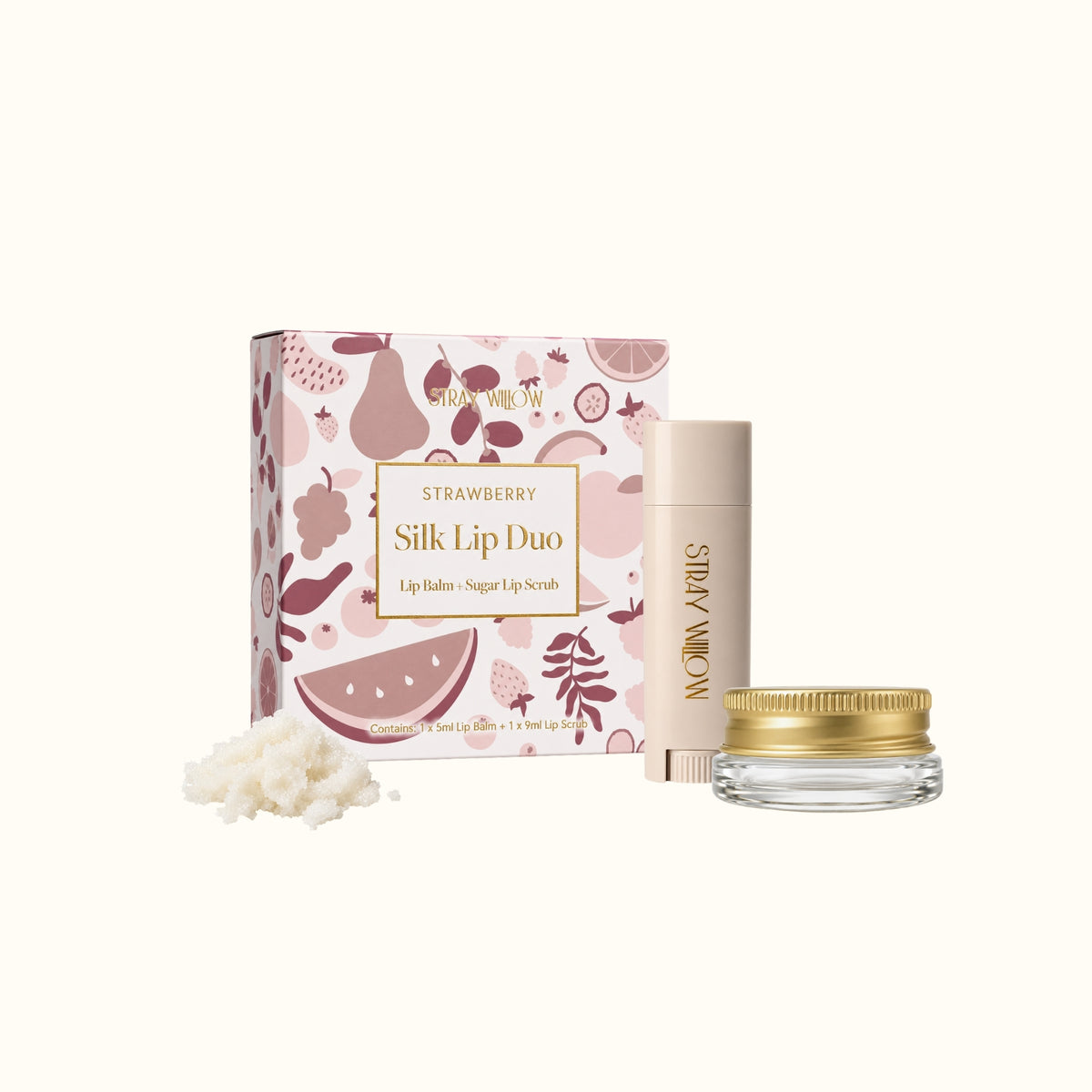 Strawberry natural lip balm and sugar lip scrub duo